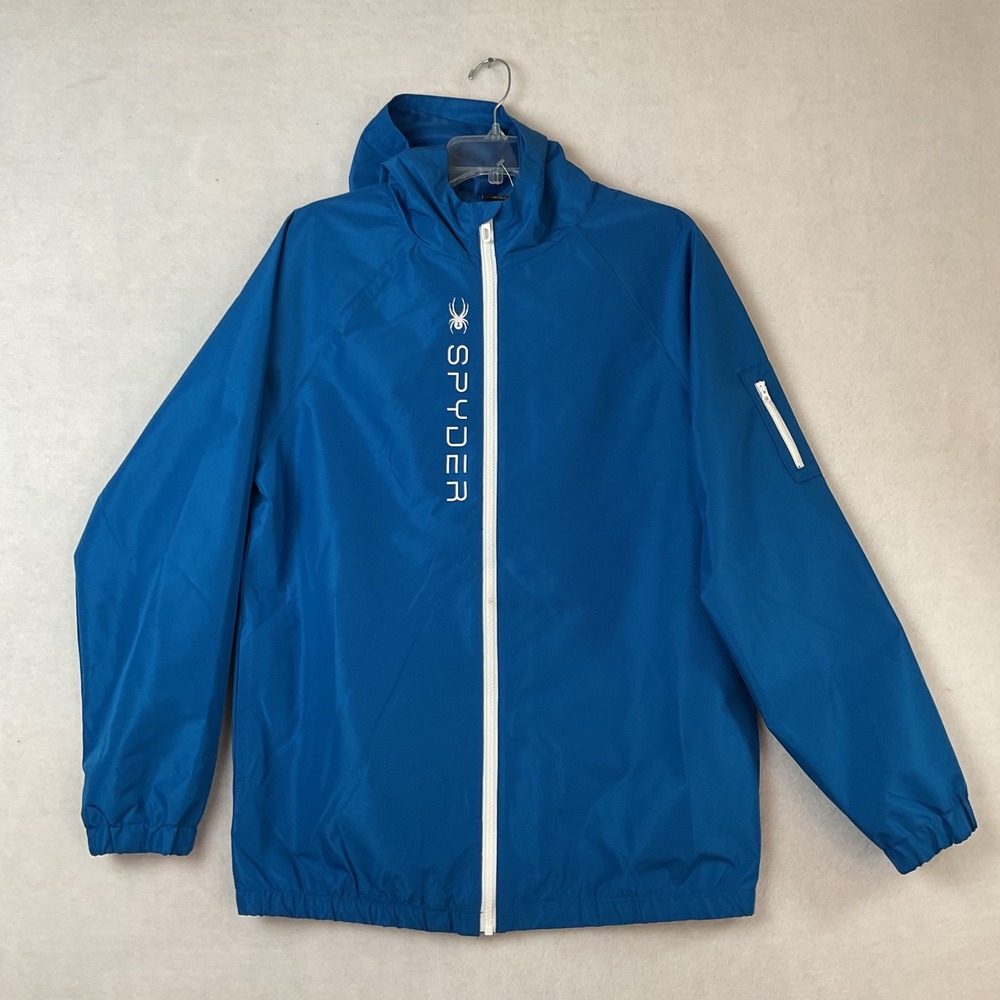 Spyder Mens Blue Hooded Windbreaker Jacket Full Zip Pockets Size M SPSHM023-408